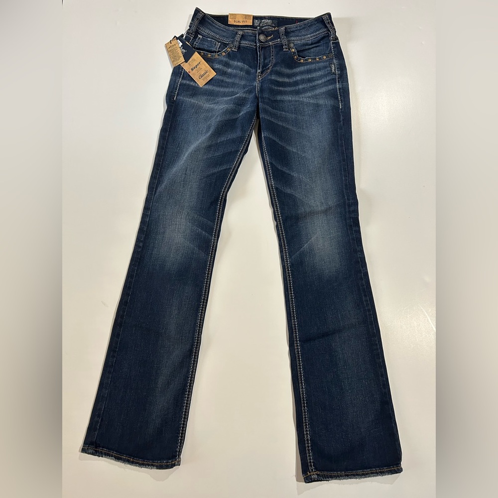 NWT Silver Suki mid slim boot jeans dark wash Size 28 waist 33 Length women’s